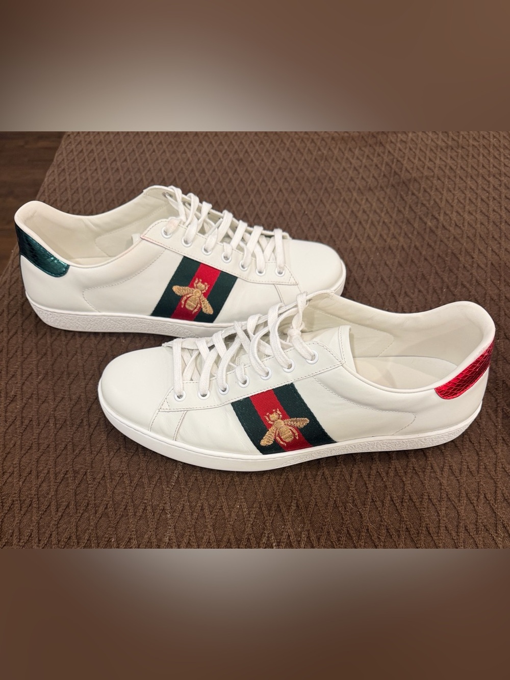 Gucci White Leather Ace Sneakers with Red & Green Web with embroidered bee.